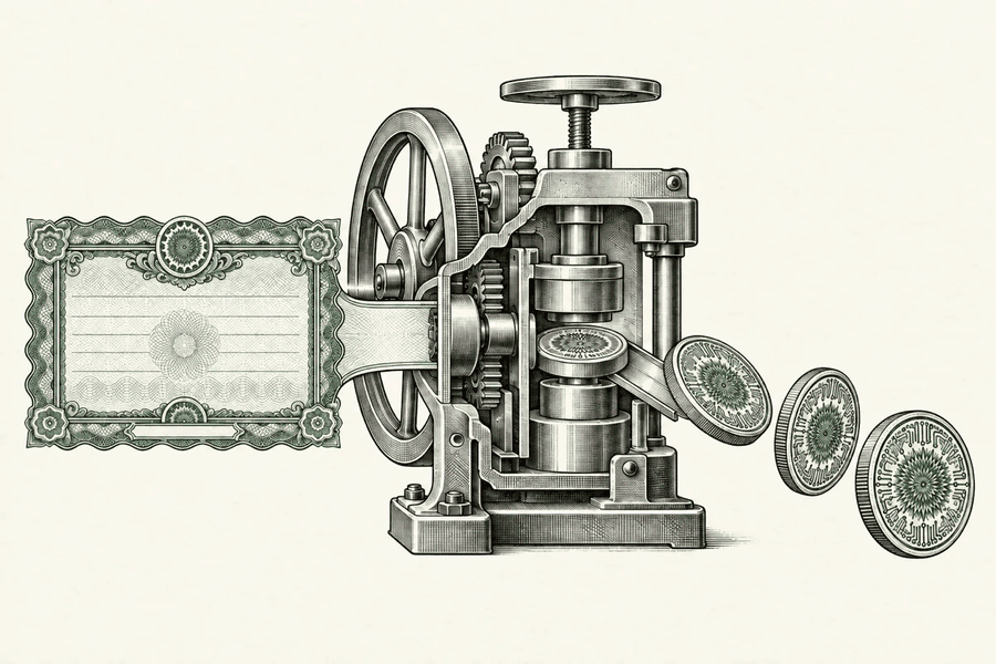 An engraved stock certificate passes through a minting press and emerges as onchain coins